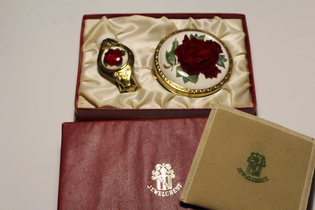 Jewel Crest Compact & Lipstick Holder Red Original Box