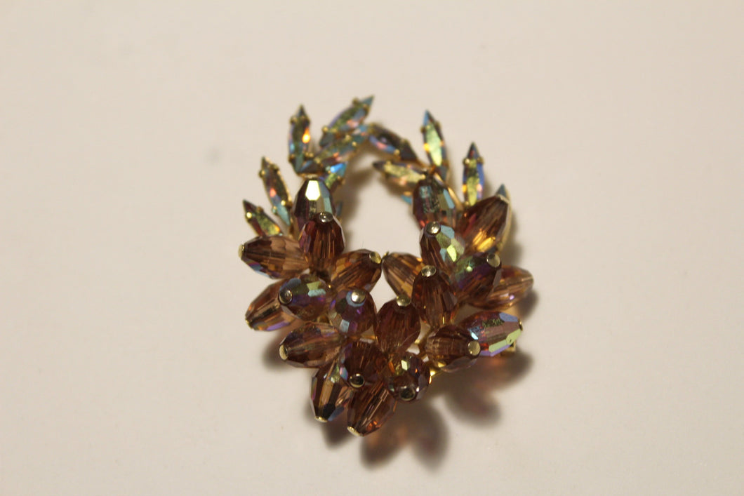 Vintage Wreath Brooch With Amber Glass Beads
