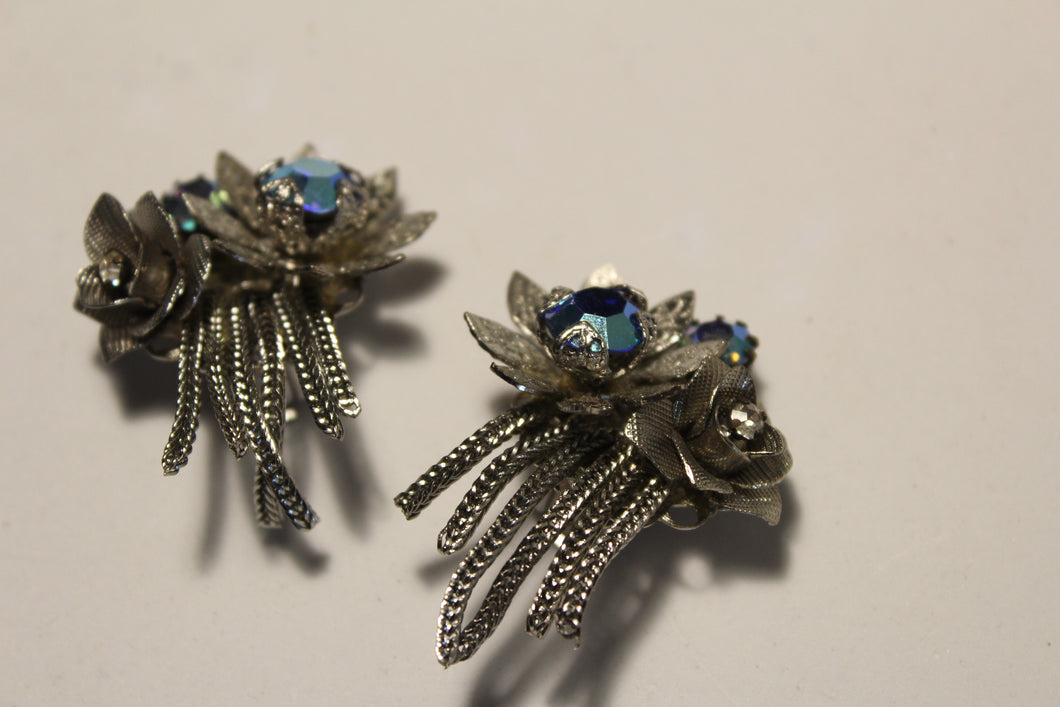 Vintage Signed Kramer Silver Toned Floral & Tassle Clip Earrings