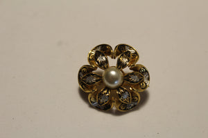 Vintage Damascene Faux Pearl Flower Brooch