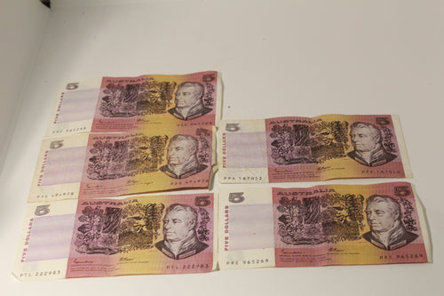 1985  Five Australian $5 Circulated Banknotes - Johnston & Fraser